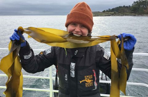 our biologist Sydney eating some Bull Kelp