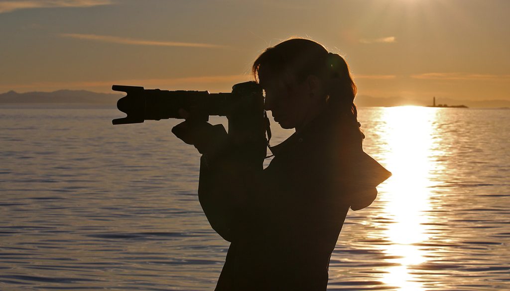 An Eagle Wing Tours photographer aims her camera at a whale with a sunset behind her