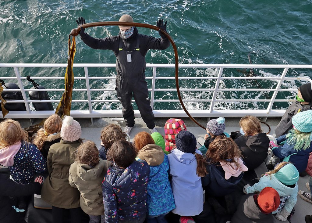 An Eagle Wing Tours marine naturalist gives a kelp talk during a school tour.
