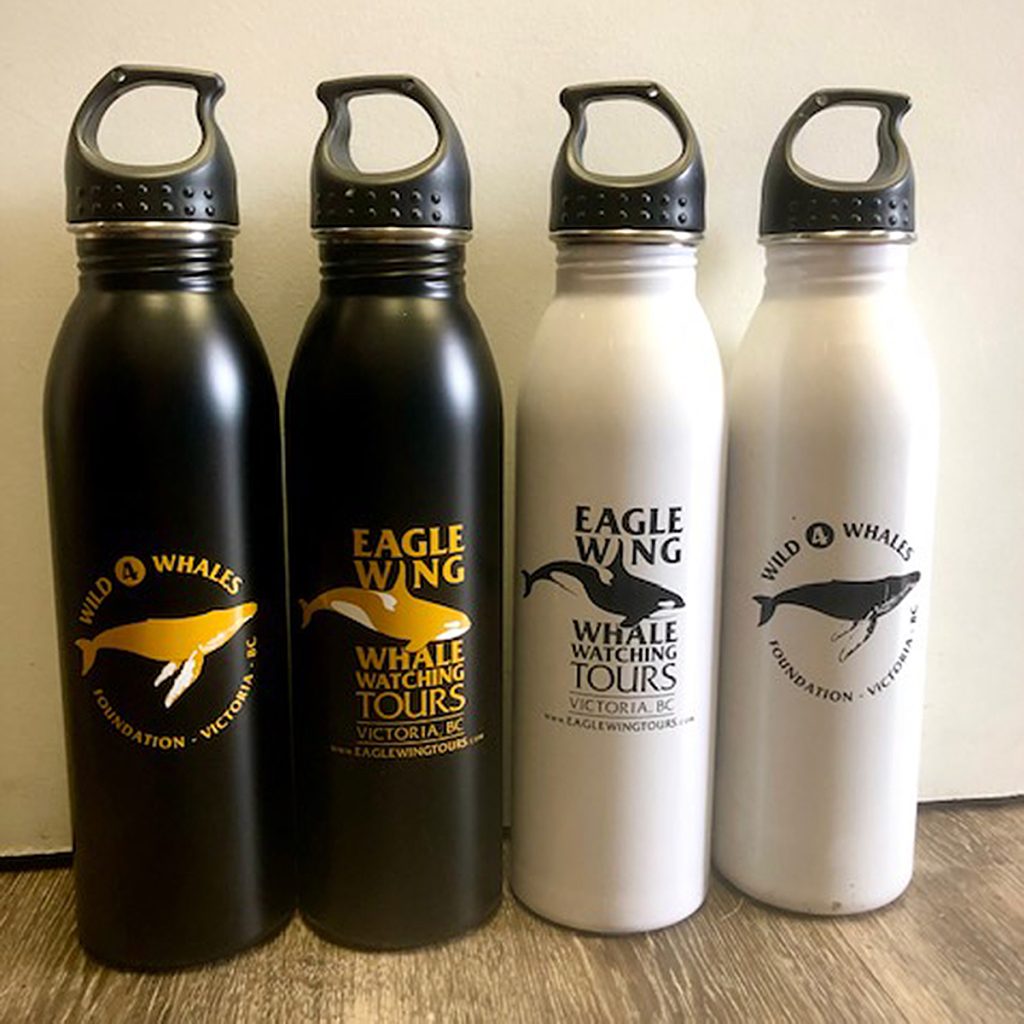 Eagle Wing Tours refillable water bottles, in black or white.