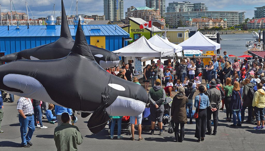 A crowd gathers at Fisherman's Wharf for World Oceans Day festivities. Giant inflated killer whales are visible